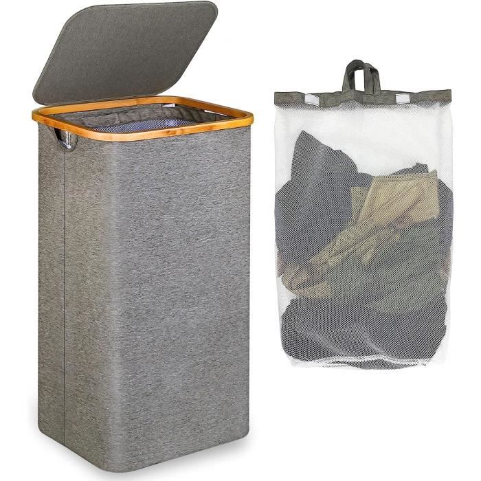 Grand Panier à Linge avec Couvercle avec Poignées en Bambou pour Vêtements Gris