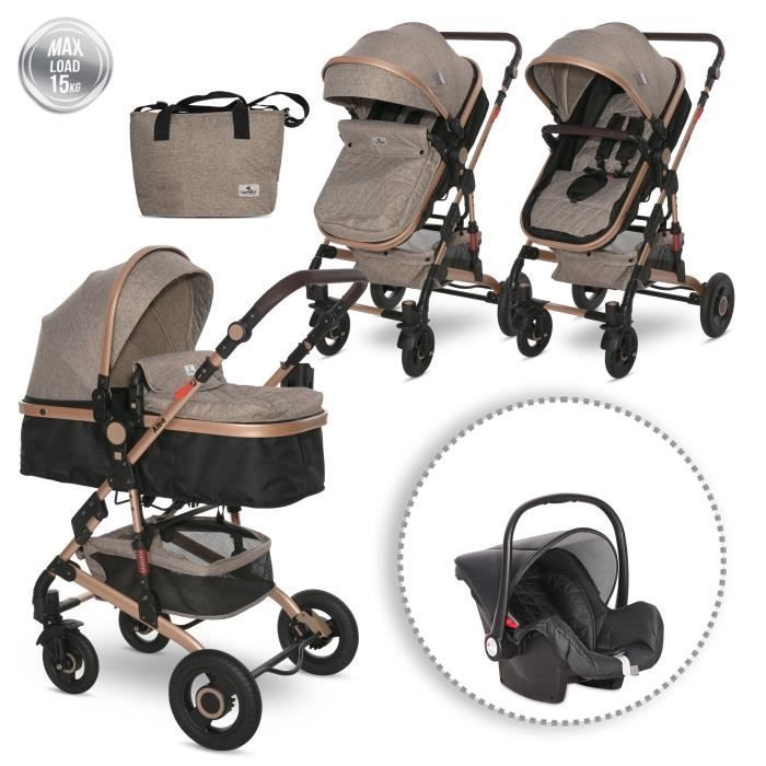 LORELLI Alba - Poussette 3en1 citadine compacte pliable - Avec nacelle, siège auto et sac à langer - Jusqu'à 15Kg - Marron