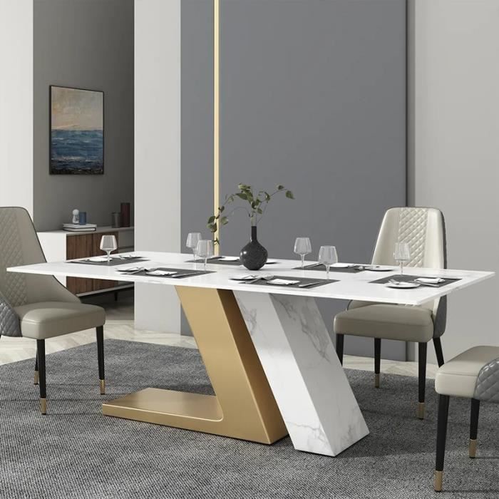 table de salle à manger moderne céramique marbre blanc et pied doré marbel