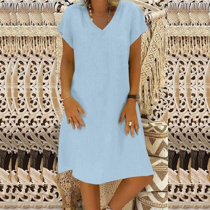 Robe d ete a manches courtes en coton et lin de couleur unie pour femmes pour la maison et les sorties XL Bleu clair Bleu clair Cdiscount Pret a Porter