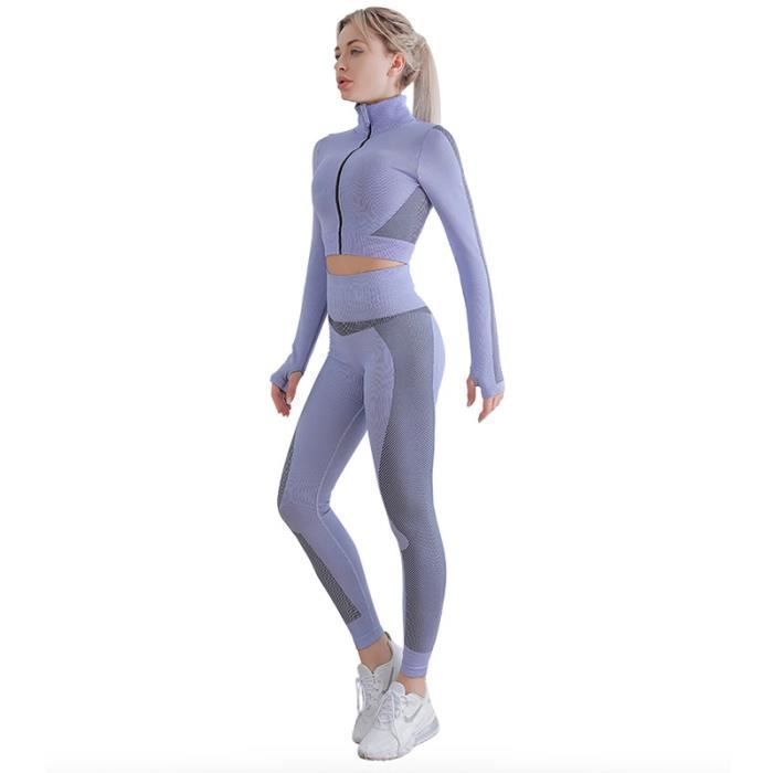 Ensemble de vetement Femme Sport 2 Pieces Marque Veste Manches Longues Fitness Bicolore Bleu