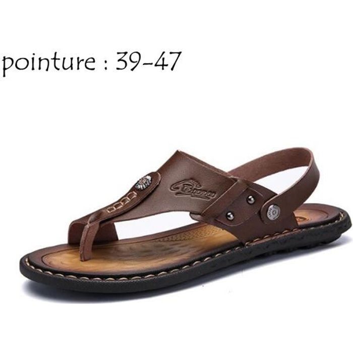 Sandales Homme Chaussures Nu pieds ete Cuir Khaki casuel Marron Cdiscount Chaussures