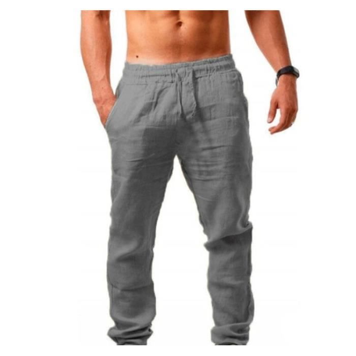 Pantalon en Lin Pour Homme Coupe Large Decontracte Leger Long Pantalons de  Yoga gris