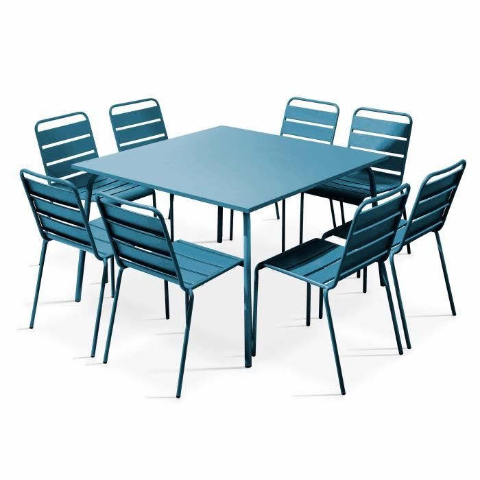 Ensemble table de jardin et 8 chaises - Acier - Palavas - Bleu Pacific