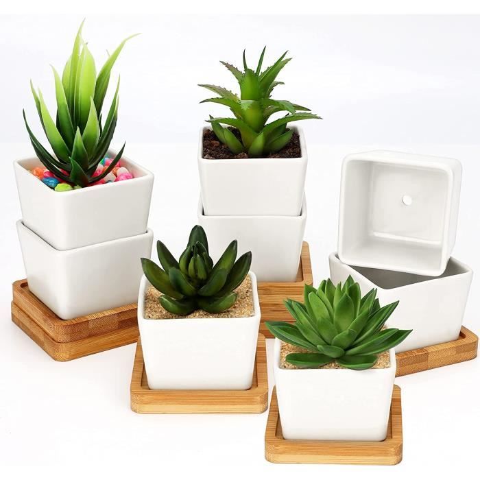 Pot Céramique Succulentes Pots Succulentes Rectangulaires BELLE VOUS - Céramique Blanche Avec Plateaux Bambou - Lot De 2 - 24x5.5x4cm Pot Intérieur élégant
