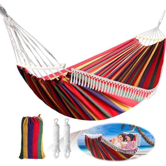 Hamac suspendu extérieur en coton TRAHOO - 280 x 150cm - Rouge - Bois ...