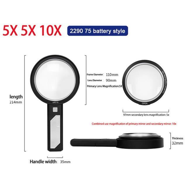 LOUPE OPTIQUE,2290 75 batteryLoupe éclairée 5X 10X 15X, loupe