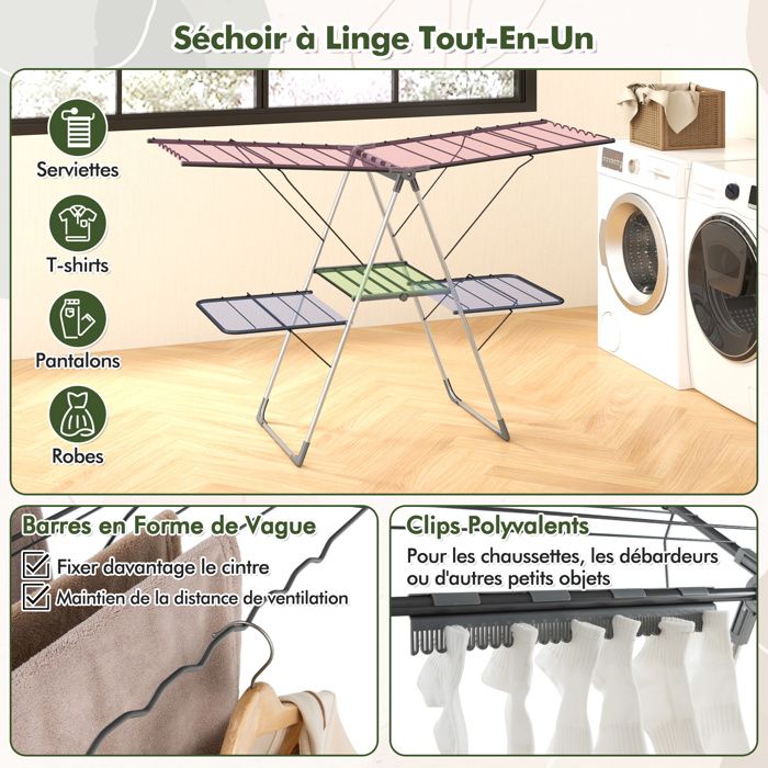 Séchoir à Linge Pliable COSTWAY 2 Niveaux - 33 Barres - 4 Ailes Réglables - 20kg Capacité - Intérieur/extérieur