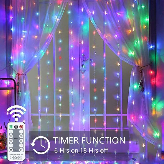 Rideau Lumineux LED 300 Lumières étanche IP54 - 6x1 M, Télécommande, 8 Modes, Minuterie, Alimentation Piles (blanc Chaud) - 7