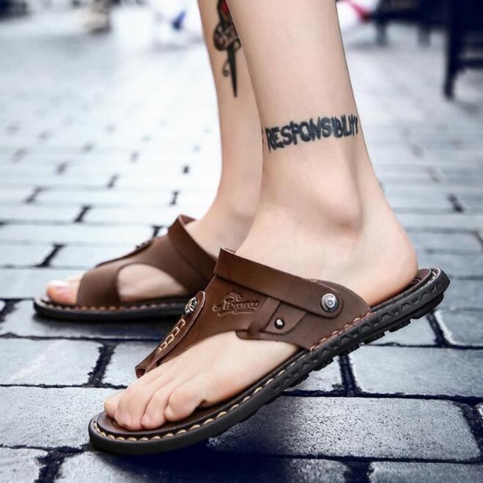Sandales Homme Cuir Marron Nu pieds t Semelle souple