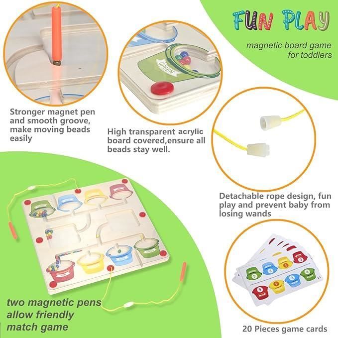 Purphy – Labyrinthe Magnétique Montessori En Bois – Jeu De Comptage Et Tri, 65 Billes, 10 Pots – Dès 2 Ans – Cadeau éducatif