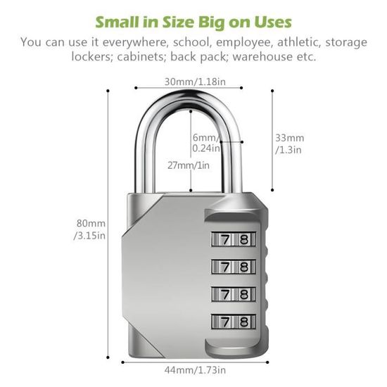 3 Chiffres Zinc Body Combinaison Mot de passe cadenas idéal pour bagages sac à dos etc.