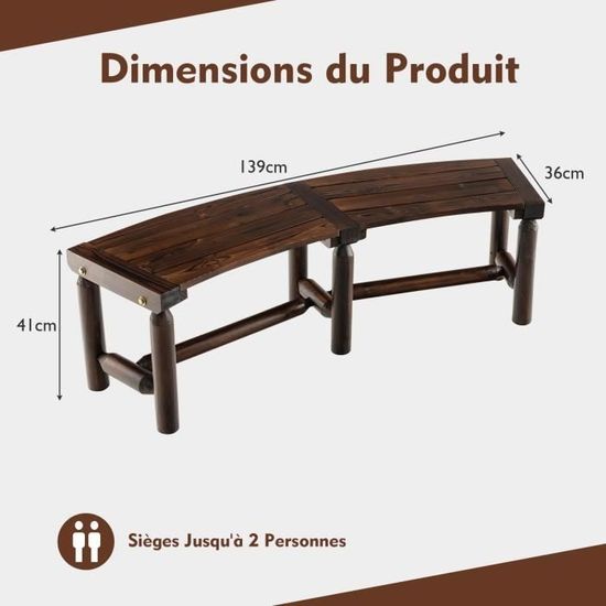 Banc Jardin 2 Places En Bois Carbonisé - Banc Terrasse Sapin Massif, 325kg Charge, 120x51cm