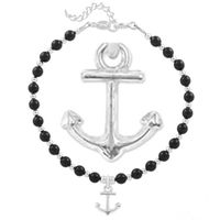 Bracelet argent artisanal 'Boho' noir argenté - perles 4 mm , ancre marine 10x10 mm [Q4288]