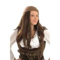 Perruque pirate femme - Marque - Modèle - Cheveux longs châtains avec mèches de perles et foulard