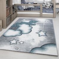 Tapis enfant doux Bear nuage étoiles motif tapis rectangle rond gris bleu blanc [80x150 cm]
