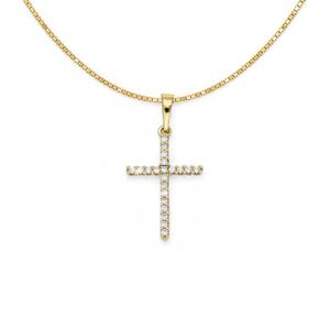 Collier Avec Pendentif Croix Catholique Ciselée Plaqué Or 750 - Bijouterie Papillon Bleu, Neuf Avec étiquettes