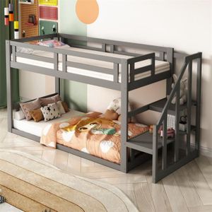 LITS SUPERPOSÉS Lit superposé 90x200cm - lit d'enfant avec escalier de sécurité, cadre de lit en bois massif et sommier à lattes - gris