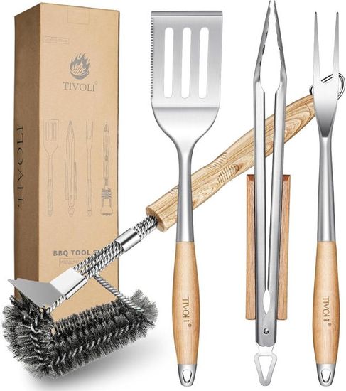 Set D'ustensiles Barbecue 5 Pièces - Pince, Fourchette, Couteau, Spatule, Pinceau - Manche Bois, Acier Inoxydable, Avec Sac De Transport