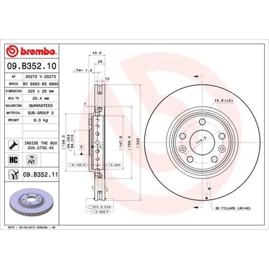 Disque De Frein BREMBO 09.B338.11, 1 Pièce - Disque De Frein