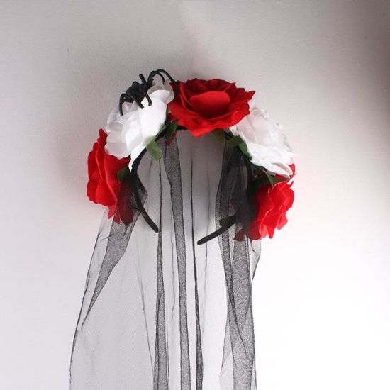 Bandeau Halloween Tête De Mort Avec Fleurs Roses - Jour Des Morts - Accessoire Costume - Taille Unique