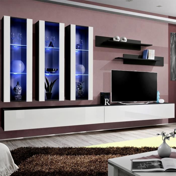 Ensemble meuble TV blanc et noir PIAZZA Blanc L 320 x P 40 x H 190 cm