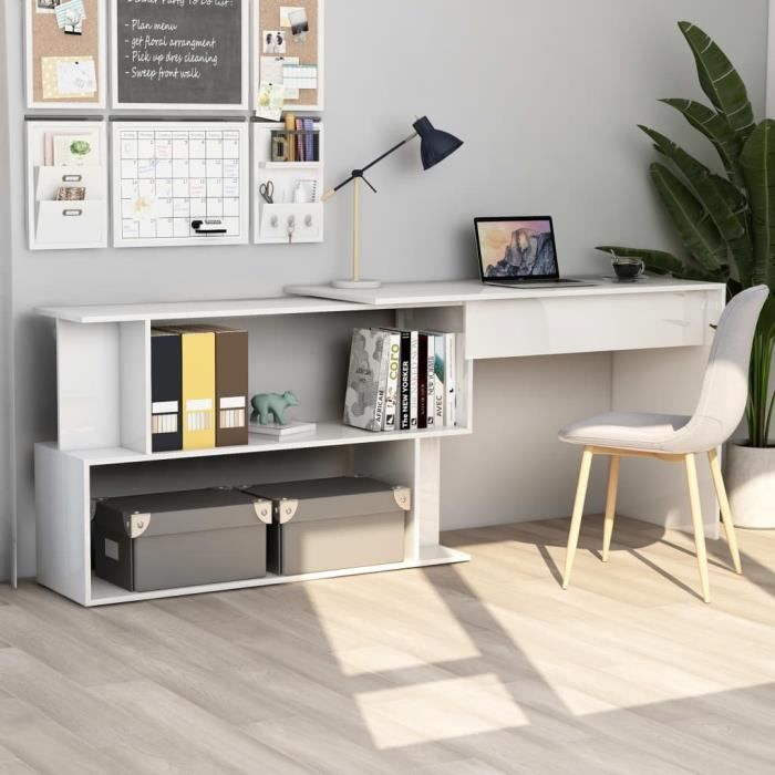 Bureau d'Ordinateur Table de Bureau à Domicile Station de Travail contemporain d'angle Blanc brillant 200x50x76 cm Aggloméré