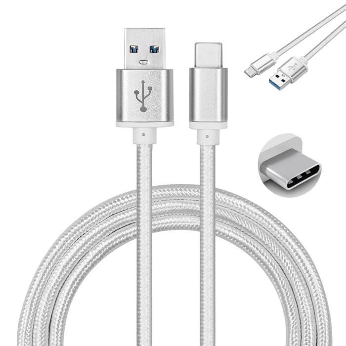 Lot de 2 Cable USB Type C nylon chargeur rapide pour Xiaomi MI A3 Couleur Argent, 1 mètre - Marque Yuan Yuan
