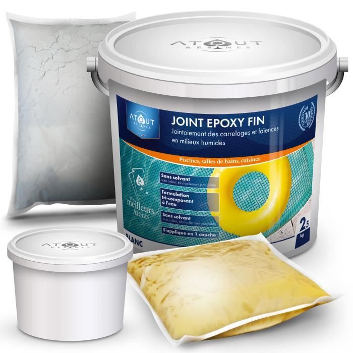 Kit colle et joint époxy trois composants 2.5 KG blanc. idéal pour piscines, douche a l'italienne, carrelage , faïences sol et murs