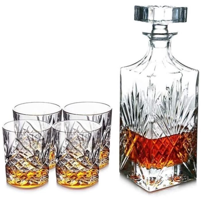 Carafe à whisky Carafe à vin Coffret cadeau de carafe à whisky 5 pièces, Carafe en verre de cristal sans plomb avec 4 whisky, pour l