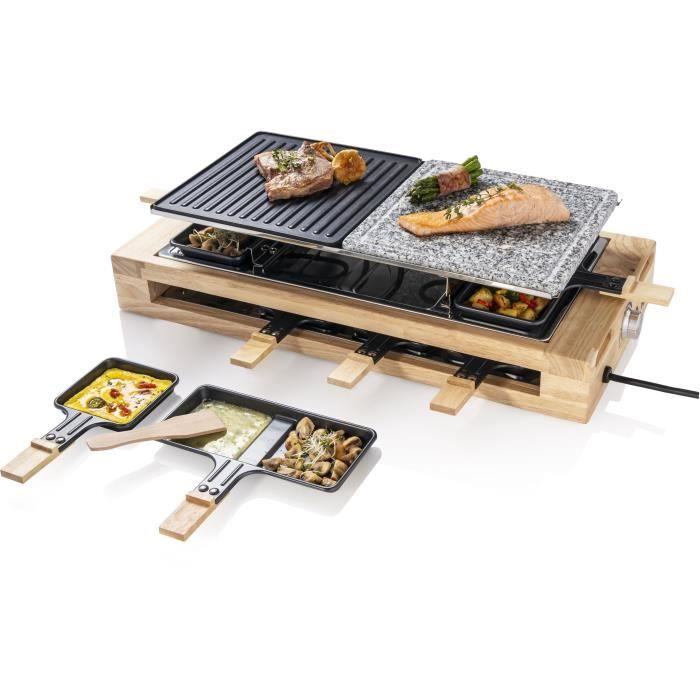 Bestron Appareil à raclette électrique jusqu'à 8 personnes avec pierre naturelle et plaque de grill à revêtement antiadhésif, Bois