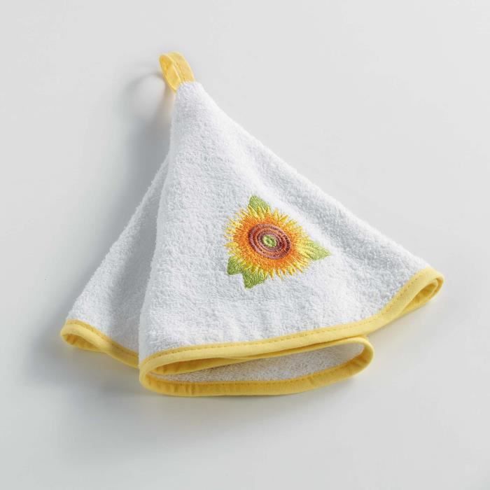 CDaffaires Essuie-main rond (0) 60 cm eponge brodee yellow flower Blanc