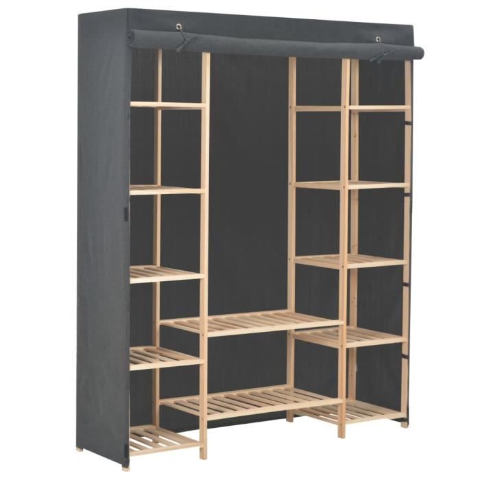 mewmewcat Garde-Robe Penderie Armoire de Rangement Armoire Chambre en Tissu et Cadre en Sapin Massif Gris 135 x 40 x 170 cm (l x P