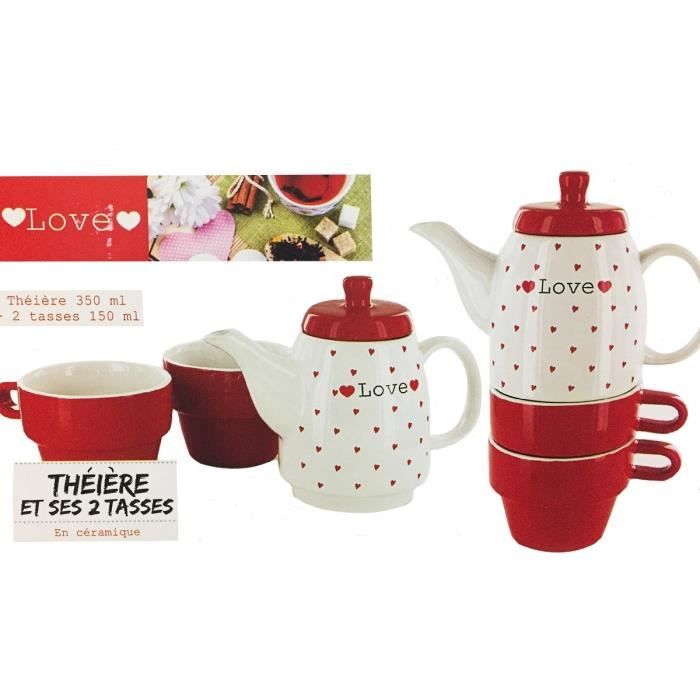 THEIERE 350 ML ET 2 TASSES LOVE CERAMIQUE ROUGE BLANC USTENSILE CUISINE