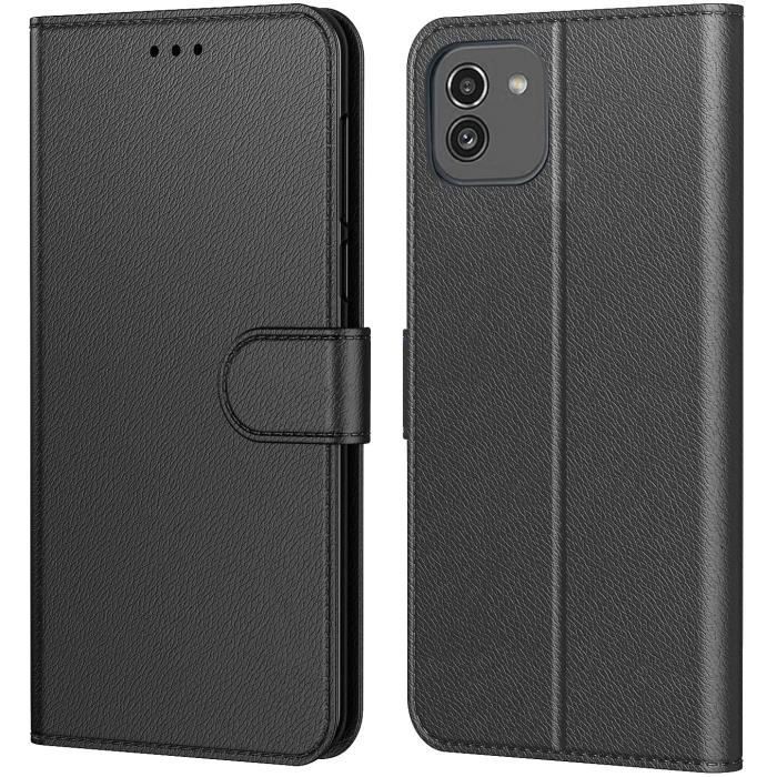 Coque GALAXY A03 Simili Cuir Rabat Noir Porte Carte