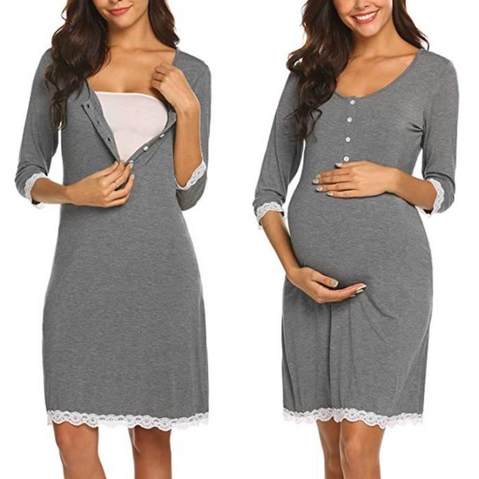Soins infirmiers de maternité Dentelle Livraison Nightgowns Survêtement allaitement Robe gris