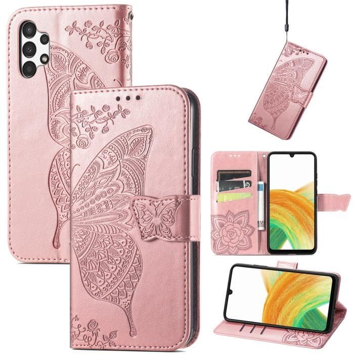 Étui Samsung Galaxy A13 4G Grand motif papillon PU Cuir Portefeuille Étui à rabat Samsung Galaxy A13 4G Housse - Rose Or