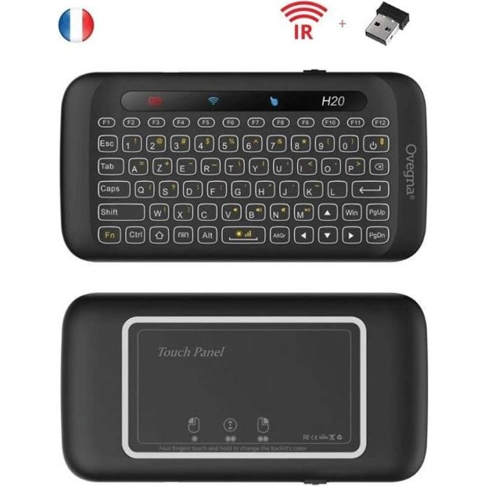 Ovegna H20: Mini clavier sans fil (AZERTY) rétroéclairé 2.4Ghz, avec fonction d'apprentissage infrarouge, rechargeable par batterie,