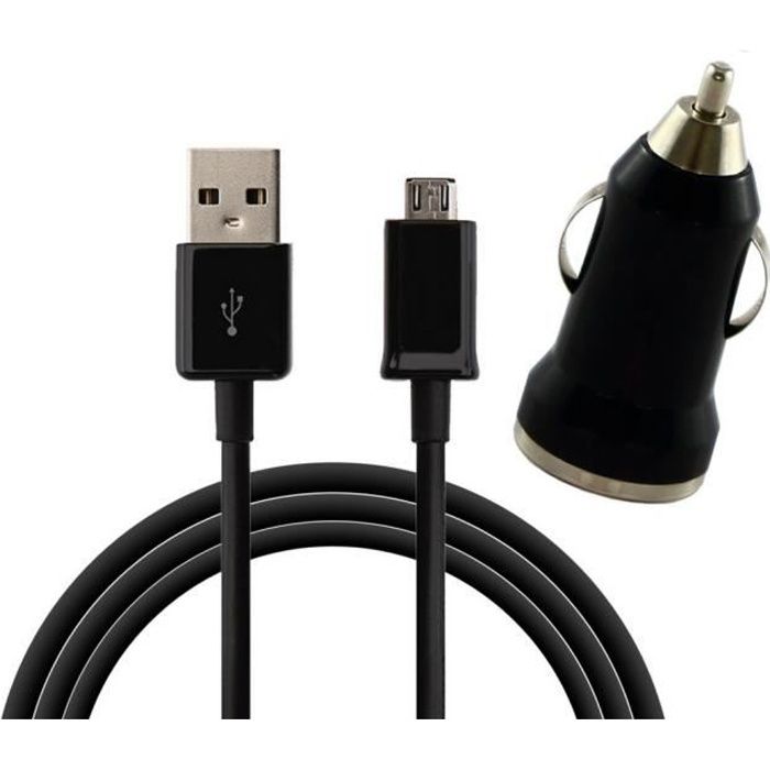 Cable USB + Chargeur Voiture Noir compatible Xiaomi REDMI NOTE 6 PRO - Cable Micro USB 1M Chargeur Auto Allume Cigare Phonillico®