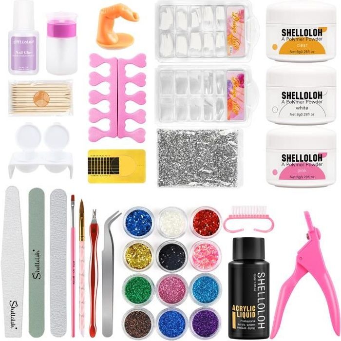 Shelloloh Kit Poudre Acrylique pour Ongles Décoration Nail Art Tips Faux Ongles Poudres Paillettes Décors Strass Poudre Set Manucure