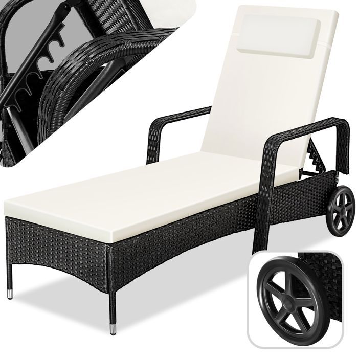 TECTAKE Bain de Soleil de Jardin Réglable à Roulettes en Résine Tressée 200 cm x 70 cm x 33 cm Noir + Coussin