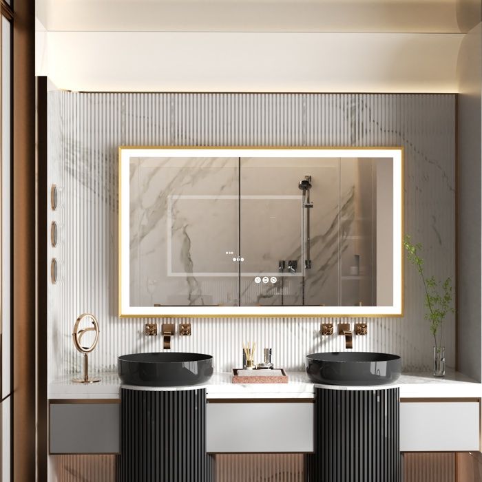 Miroir Mural Salle de Bain LED Anti-Buée Cadre Complet Finition Givrée avec Interrupteur Tactile - Doré 100 x 60 cm