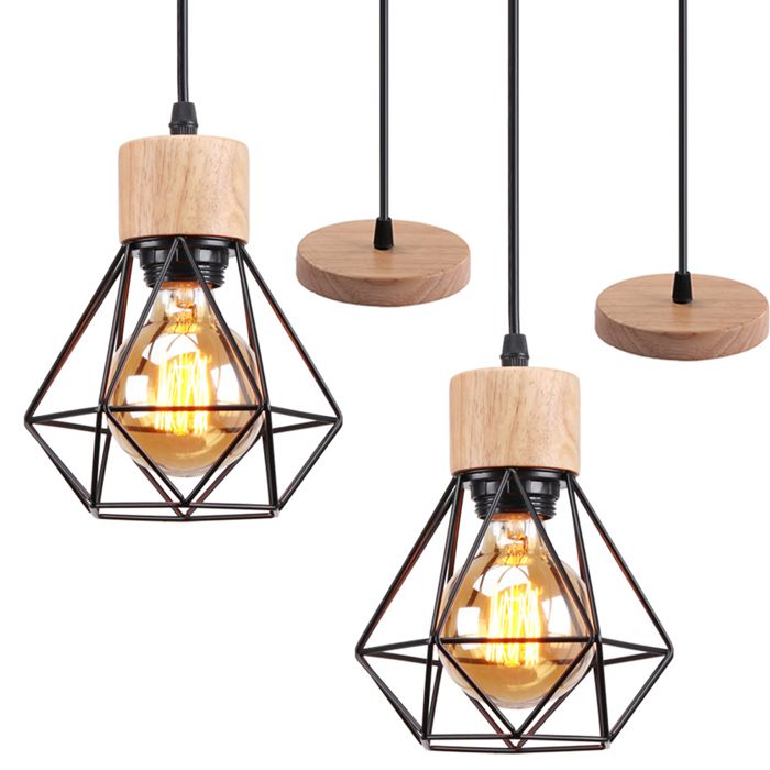 WOTTES 4PCS Lampe à Suspension Rétro en Métal et bois E27 Ø15.5cm Noir Cage Lustre Industrielle Luminaire Créatif pour Cuisine