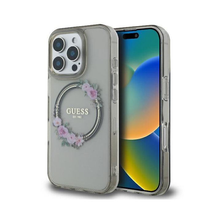 Coque pour iPhone 16 Pro Guess IML Flowers Wreath MagSafe GUHMP16LHFHFWWFCK