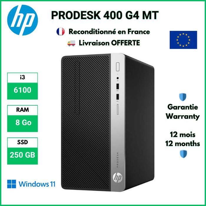 Acheter HP ProDesk 400 G4 MT i3-6100 8 Go RAM 250 GB SSD Windows 11 Pro Reconditionné - 199,00 € HP ProDesk 400 G4 MT i3-6100 8 Go RAM 250 GB SSD Windows 11 Pro Reconditionné - Hewlett-Packard reconditionné disponible sur Cdiscount Seconde Vie