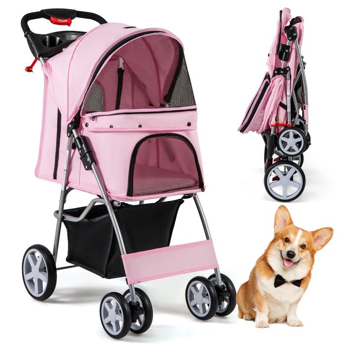 Comparer les prix de COSTWAY Poussette Buggy Pliable Animaux 4 Roues Charge 15 KG Chariot pour Chat Chien avec Porte-gobelet et Panier de Rangement Rose