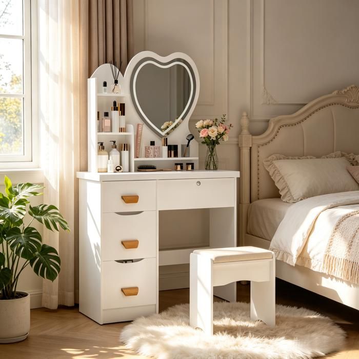 Coiffeuse avec Miroir LED à Luminosité Réglable et Tabouret - Blanc - 80x40x135cm - 4 tiroirs - style moderne