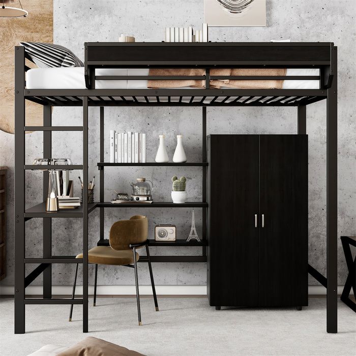 Lit Mezzanine 1 Place avec Bureau Lit Mezzanine 90x200 pour Enfant et Adolescent Lit Hauteur Armoire Espaces de Rangement Noir