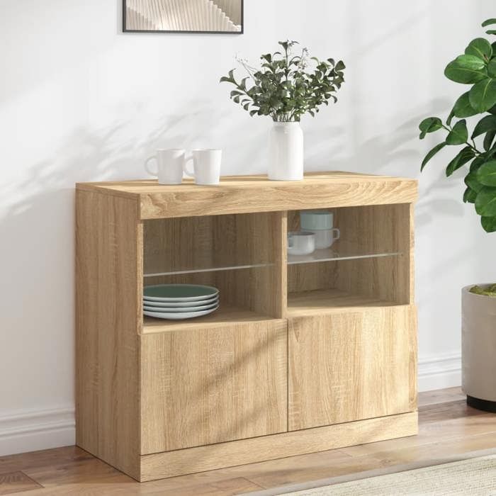 BEAU Buffet Armoire de salon moderne - Buffet multi-rangement avec lumières LED - Chêne sonoma - 81x37x67 cm mode662724