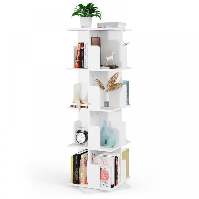 MIPAN Étagère à Livres rotative Blanche - Étagère rotative à 360° - Étagère de Bureau Multifonction- Bois Massif-Blanc
